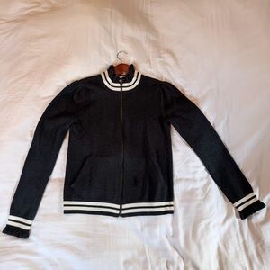 Treasure & Bond Black Ruffle Trim Varsity Style Jacket with White Accents